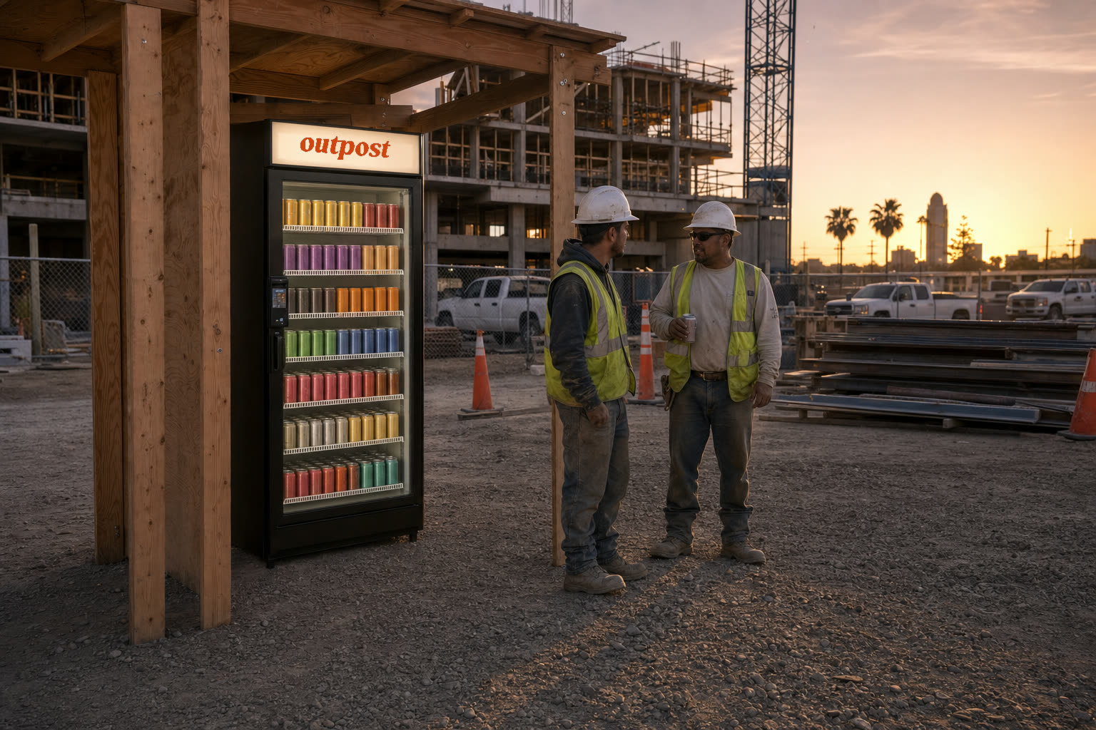 An Outpost unit under a site-built canopy on an active construction site at golden hour