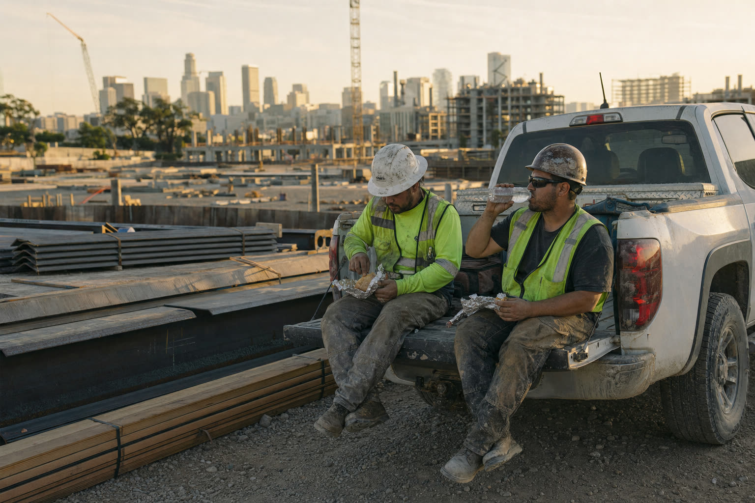 Two workers eating lunch on a truck tailgate on a construction site