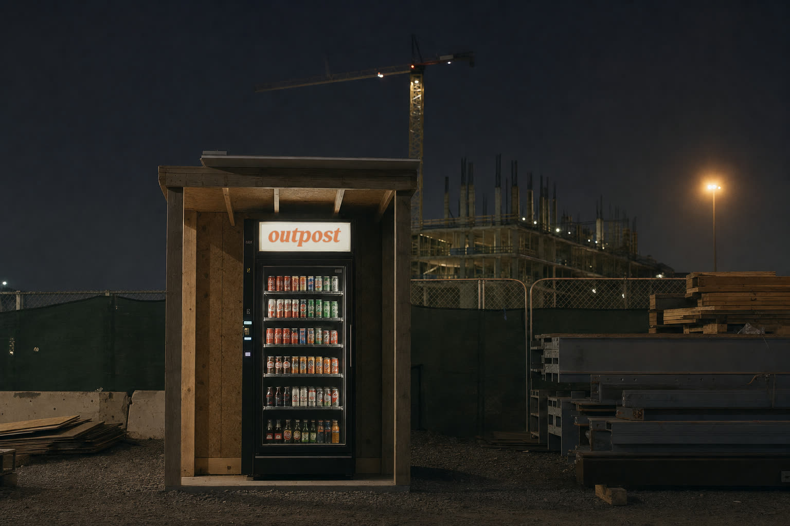 An Outpost unit glowing at night on a construction site