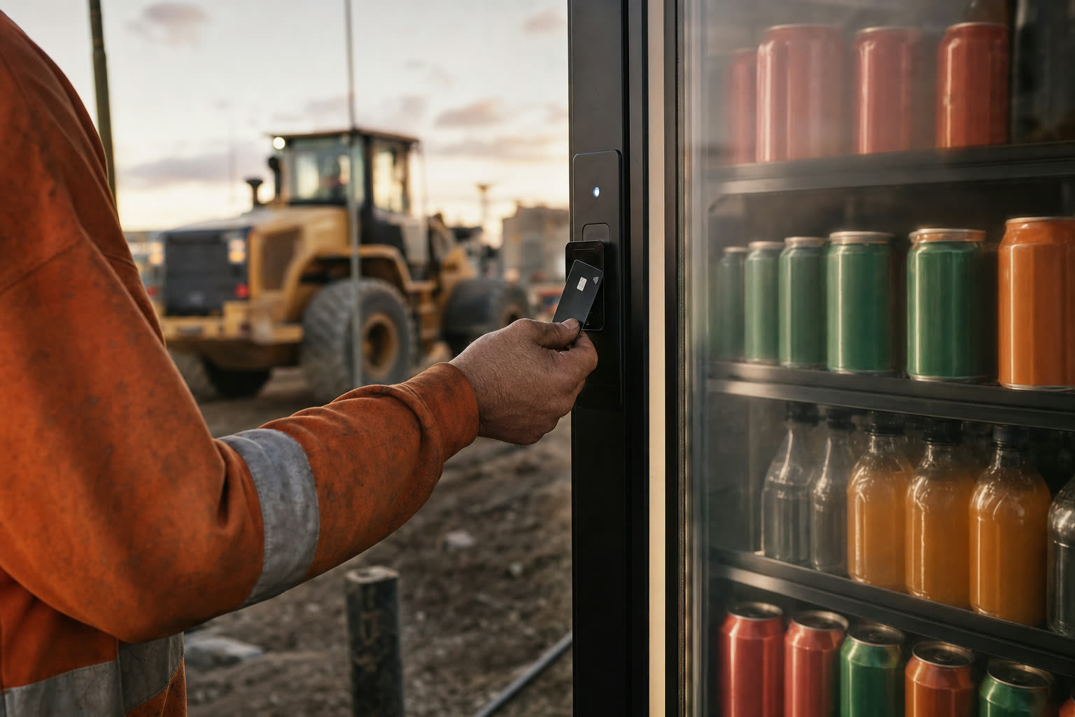 A worker tapping a bank card on the Outpost unit's card reader