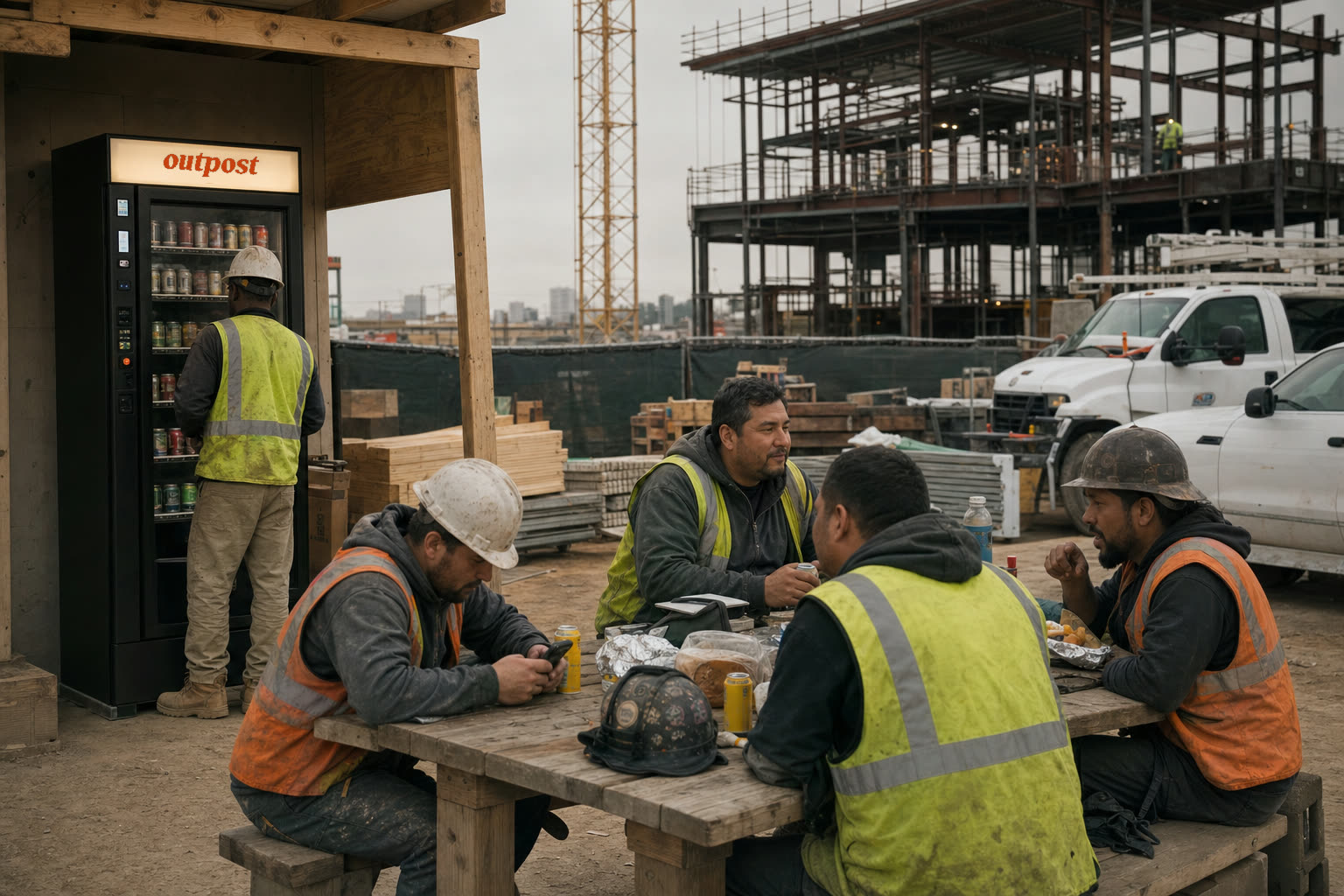A crew on lunch break at picnic tables beside an Outpost unit